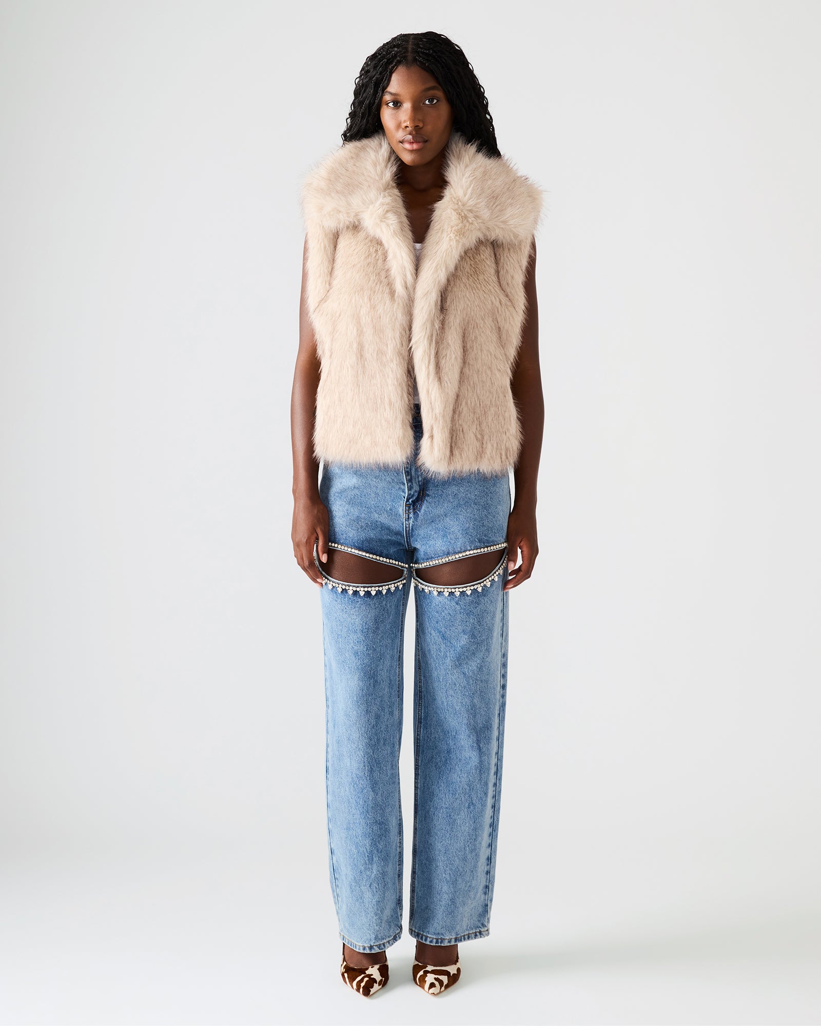 SAFIRA Natural Faux Fur Sleeveless Collared Women's Vest – Steve