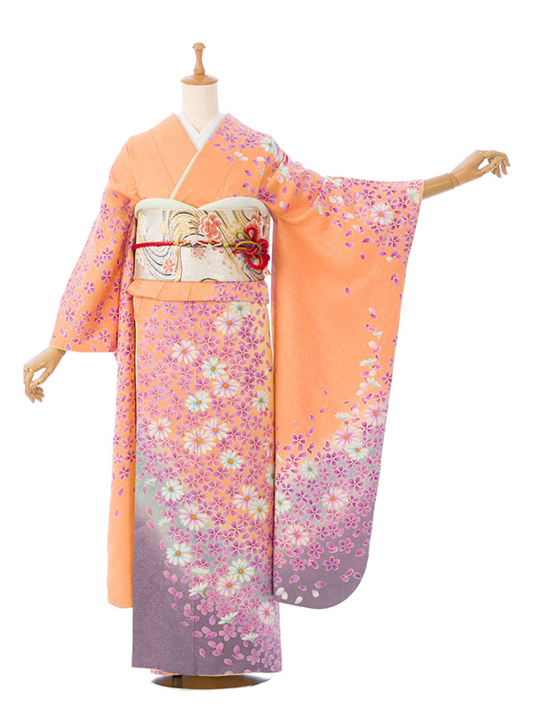 振袖|ｵﾚﾝｼﾞ系|桜|5S780|対応身長:150-160cm|ｻｲｽﾞ:7号-13号｜全国宅配可