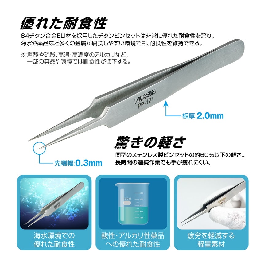 PP-121 チタンピンセット / 板厚2.0mm【HOZAN】 ホーザン株式会社
