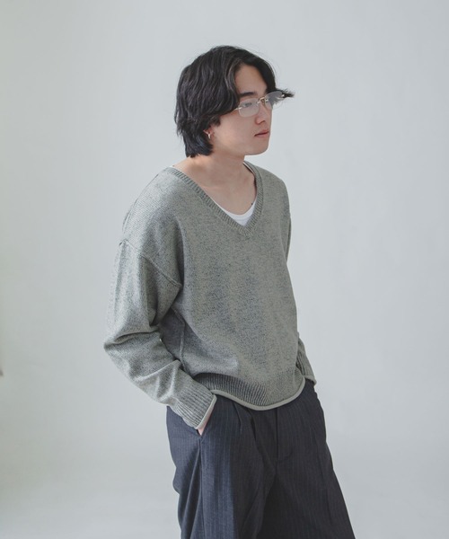 ZIP FIVE -White Line- セーター ニット 「White Line」 杢 Vネック