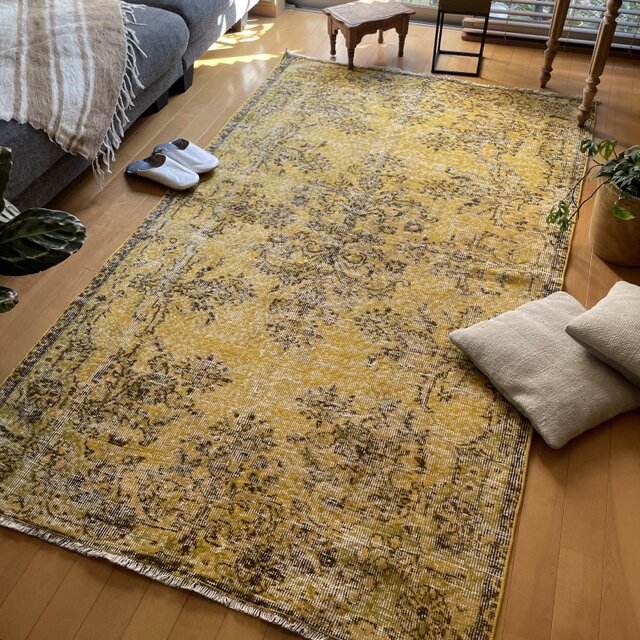 トルコヴィンテージラグ 120×205 レモンイエロー オーバーダイ