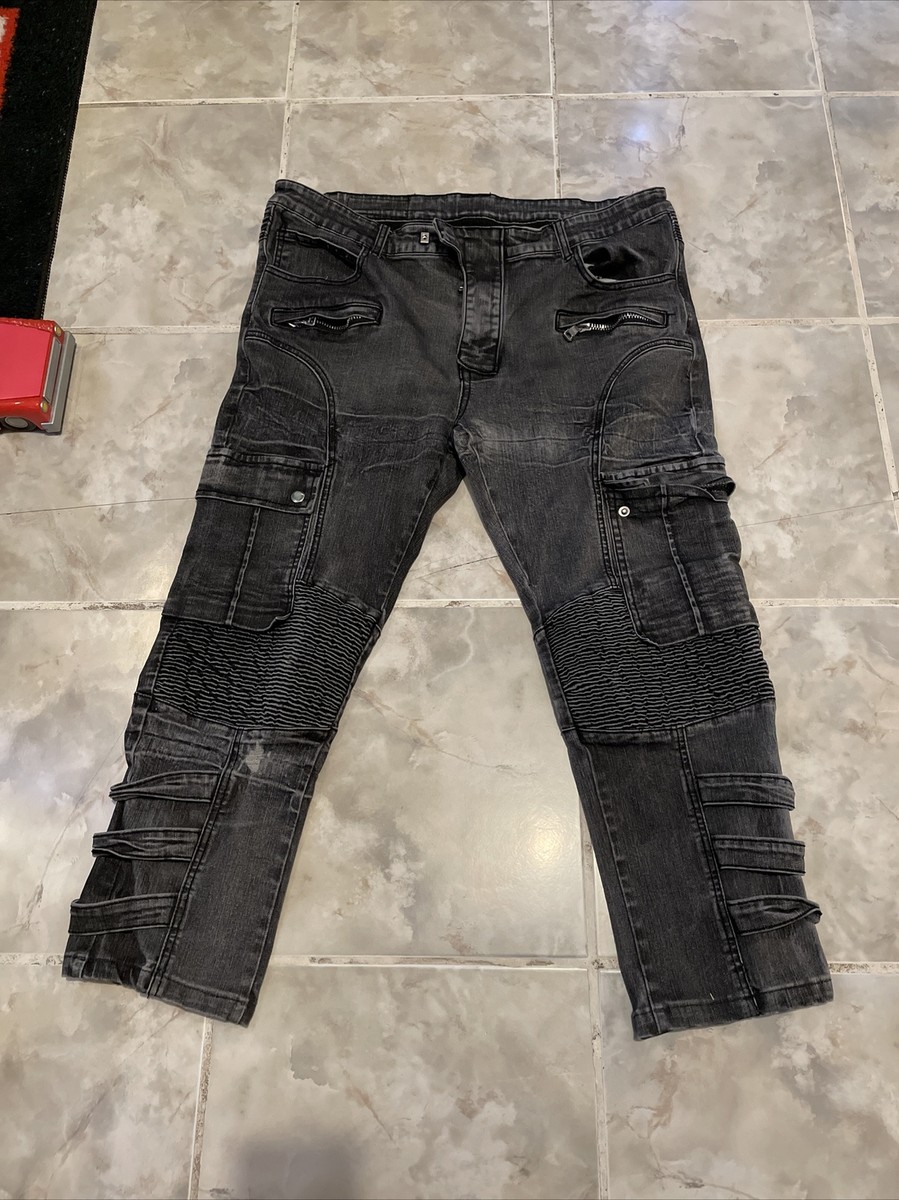 BALMAIN PARIS Moto Biker Zip Jeans Black Stretch Pants Mens Size