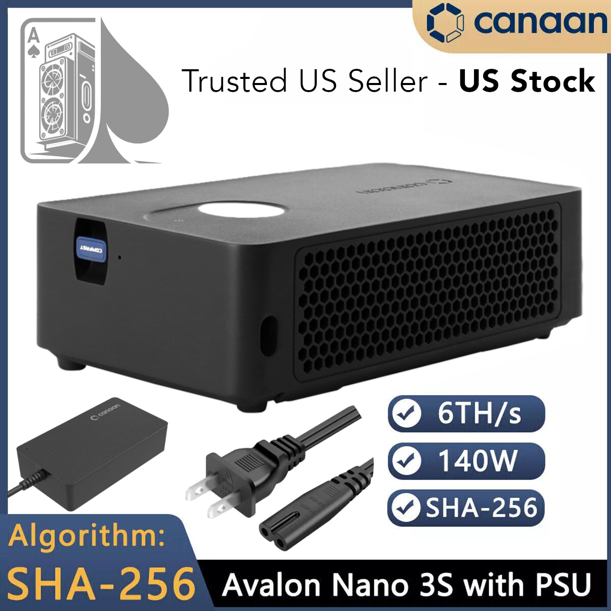 US Stock Canaan Avalon Nano 3S - 6TH/s with PSU BTC Solo Miner