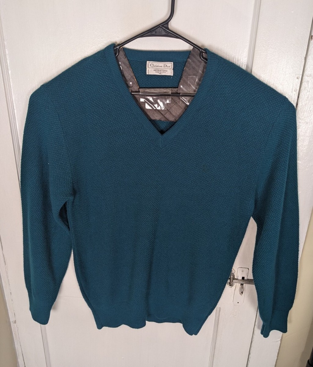 Vintage 80s Christian Dior Orlon Acrylic Teal Sweater XL USA Made