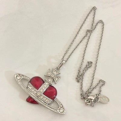 Vivienne Westwood Diamante Heart Orb Large Necklace Silver Red