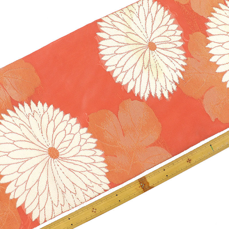 中古】 夏袋帯 夏用 袋帯 正絹 六通柄 オレンジ 菊 長さ424cm 幅30cm