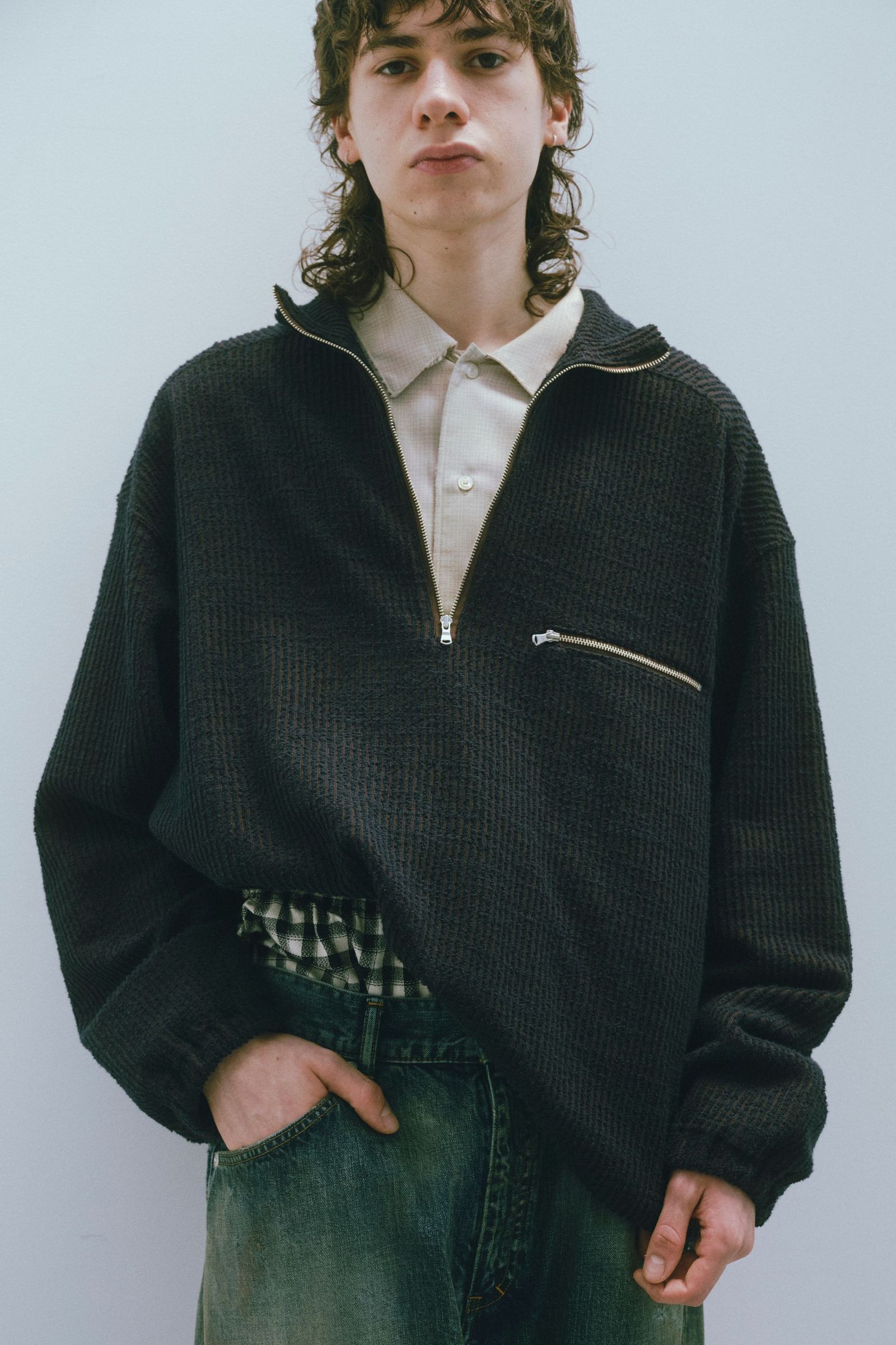 ANCELLM - CUT STRIPE HALF ZIP PULL OVER SHIRT | BLACK | ハーフ