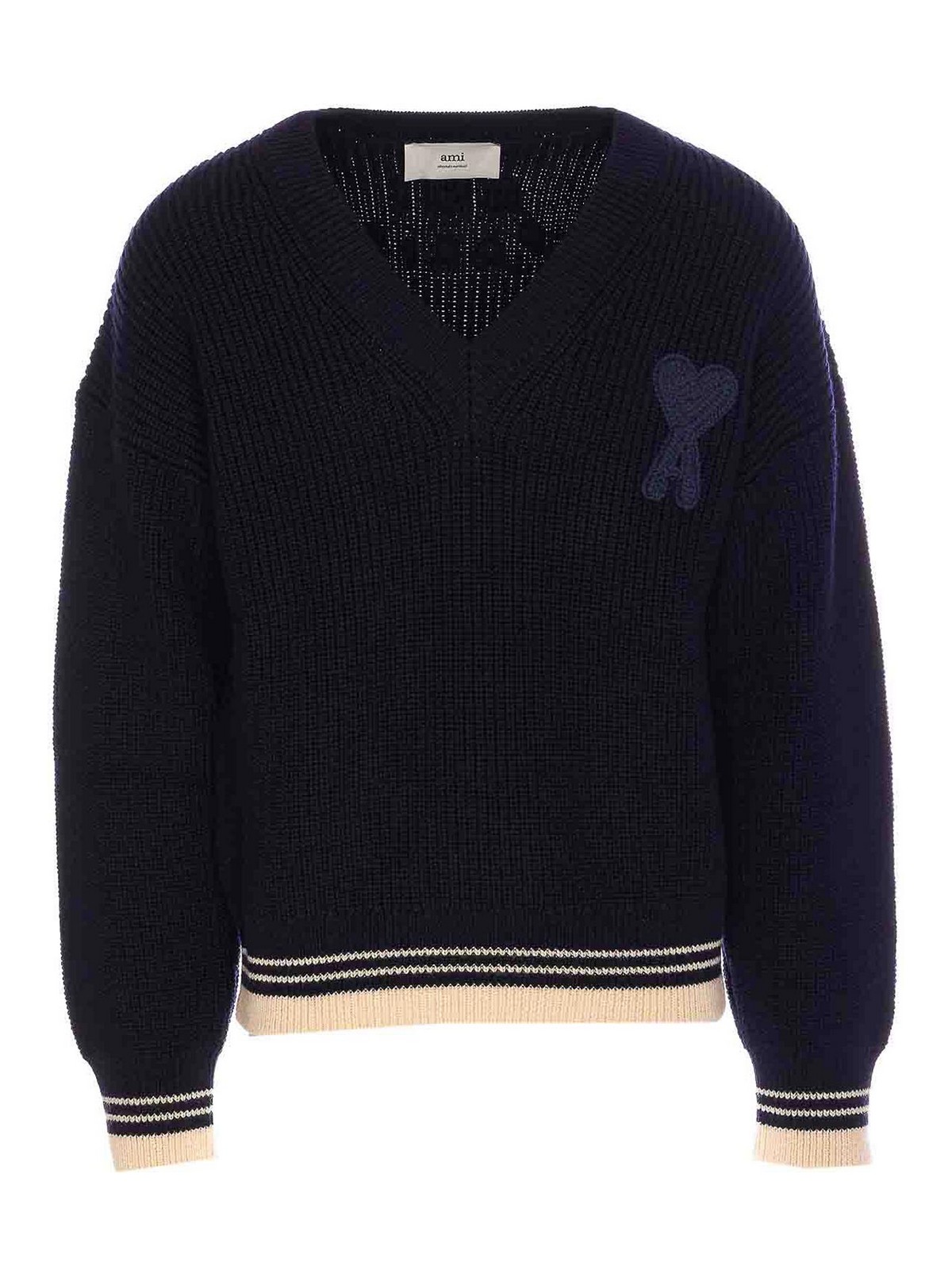Ami Paris Si Blue Ribbed V Neck Sweater - Blue|UKS268KN00684011