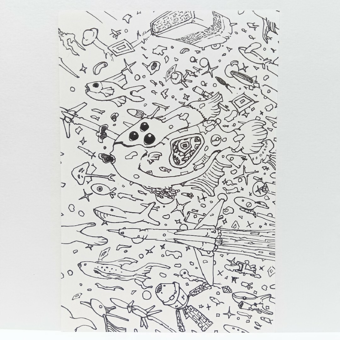 オリジナルイラスト 手描きイラスト 宇宙 ハンドメイド 絵 モノクロ