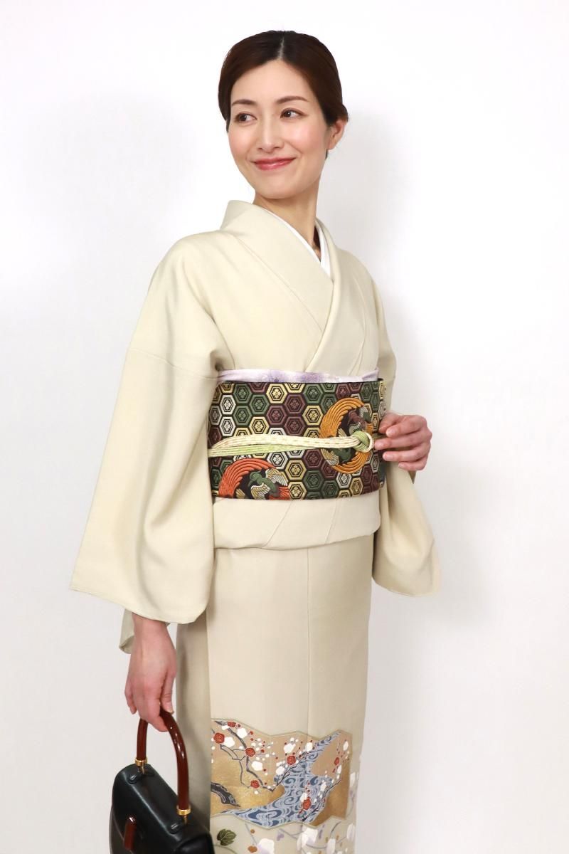 銀座【L-7194】袋帯 憲法黒茶色 亀甲花菱に向かい鳳凰の丸 - 銀座