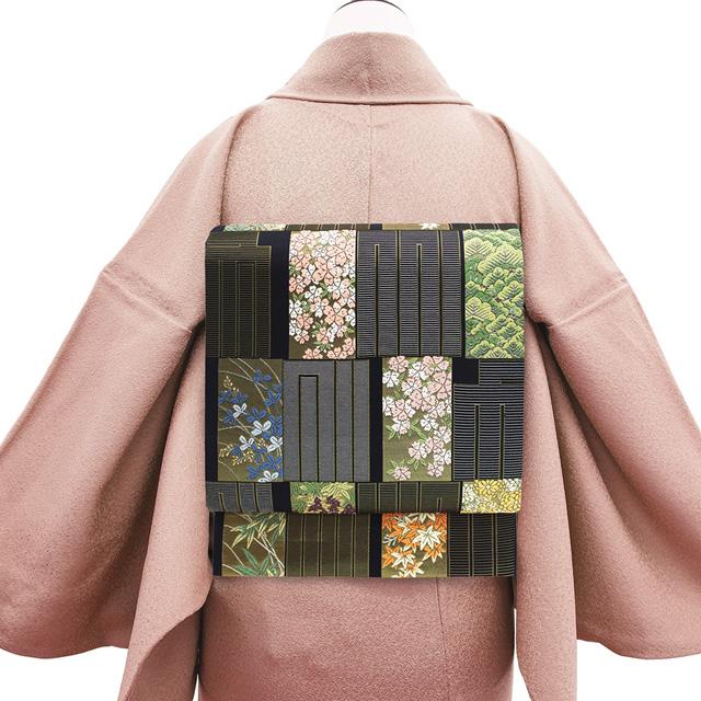 袋帯 フォーマル 未使用 山口美術織物 正絹 唐織 金銀糸 黒 四季の花