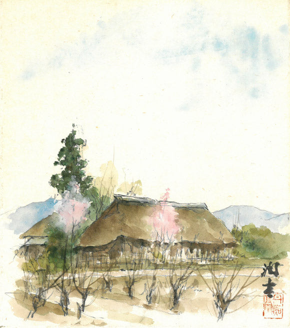 向井潤吉「桃咲く家（秩父）」水彩画 絵画買取・販売の小竹美術