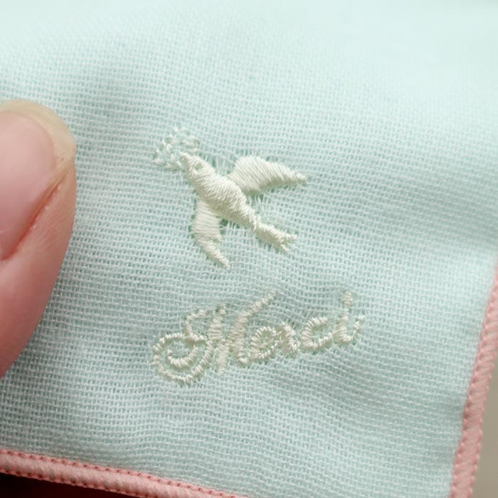 ハンカチ ダブルガーゼハンカチ 小鳥刺繍柄 ミントxサーモンピンク 綿