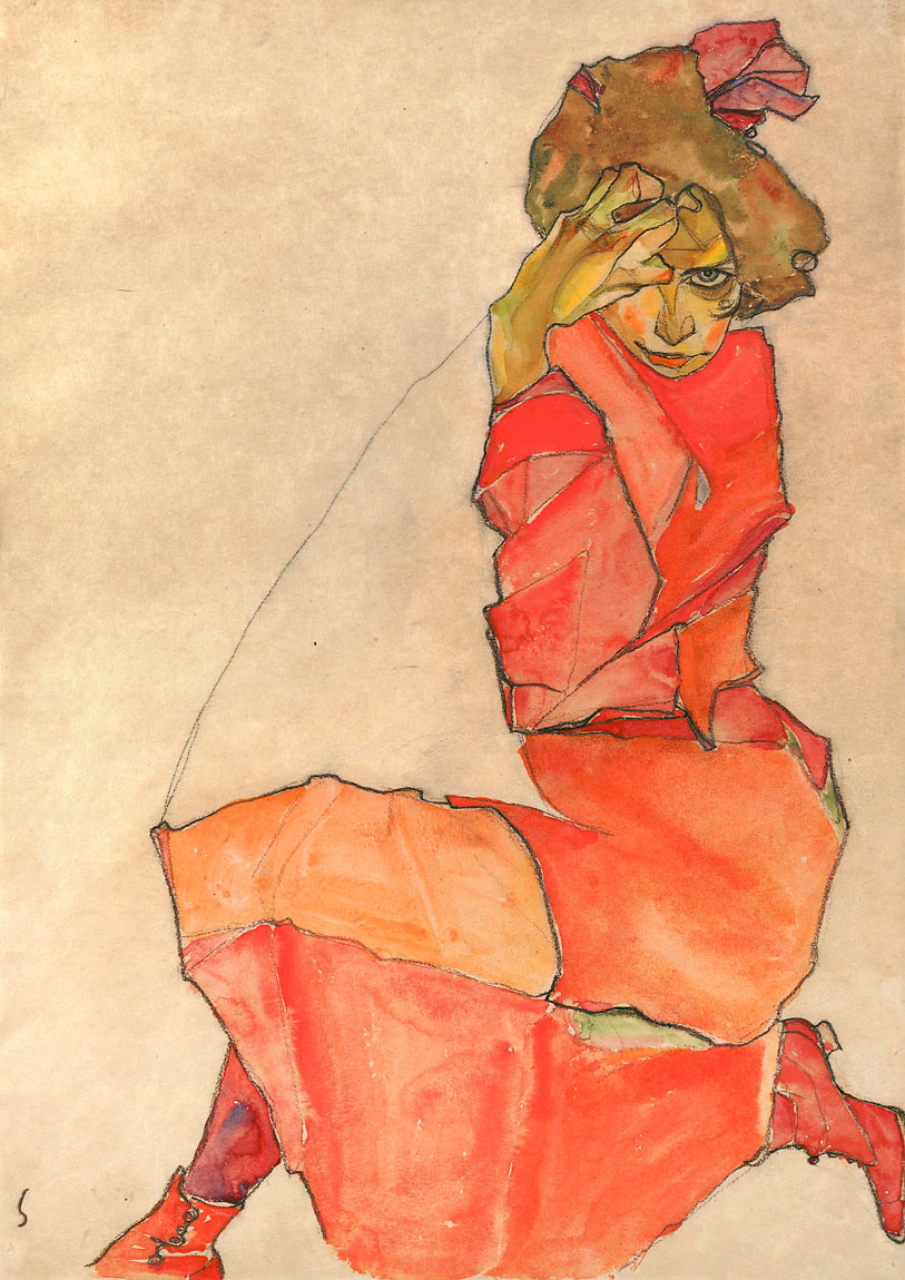 エゴン・シーレ Kneeling Female in Orange-Red Dress ジクレー