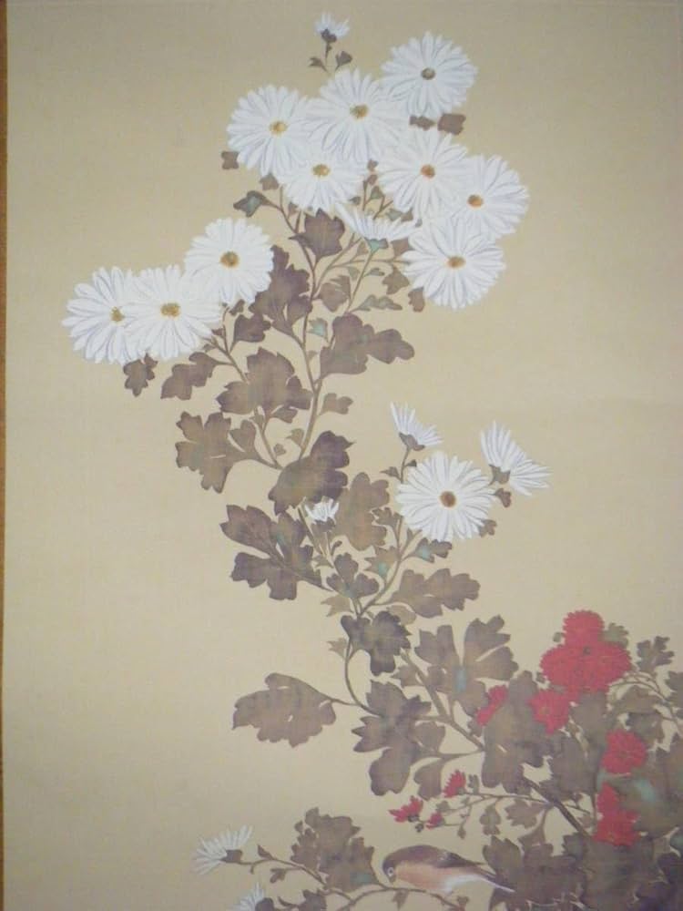 模写/酒井抱一/菊花小禽図/布袋屋掛軸HI-246