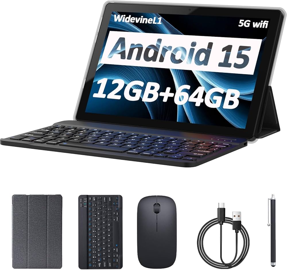 Tablet Android 15 de 10 polegadas, 12 GB de RAM + 64 GB de ROM +