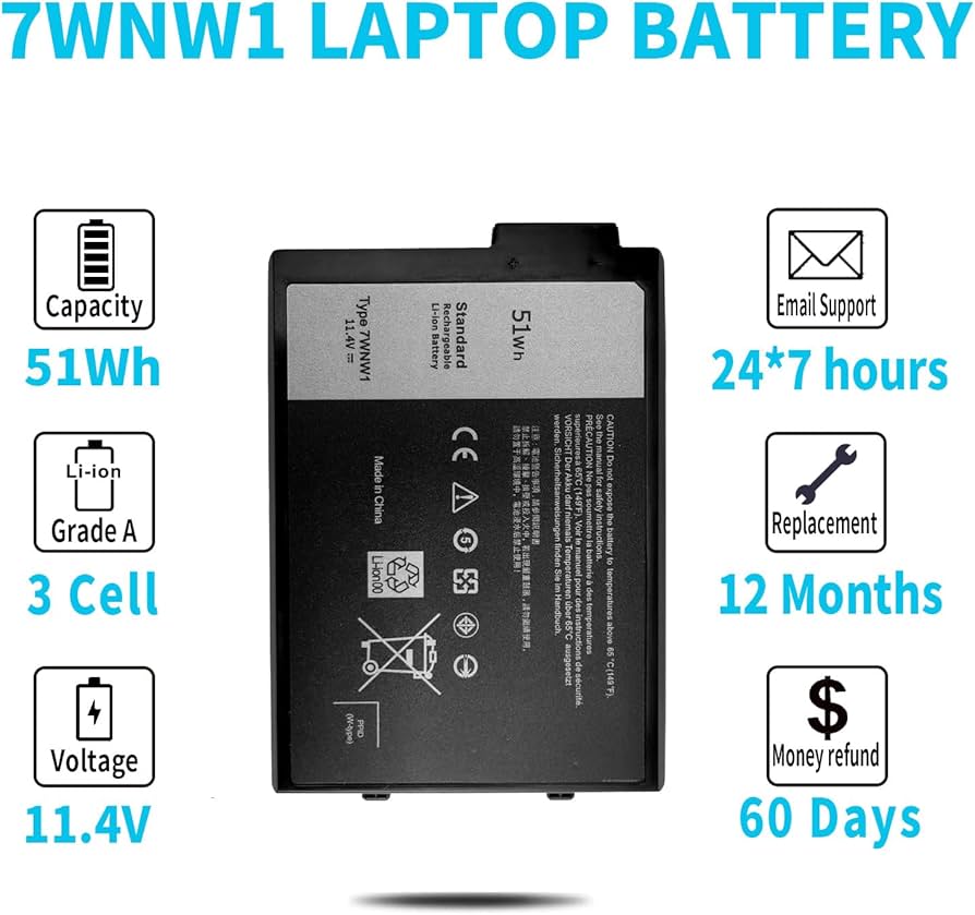 Amazon.com: 51Wh Type 7WNW1 11.4V Laptop Battery Replacement for