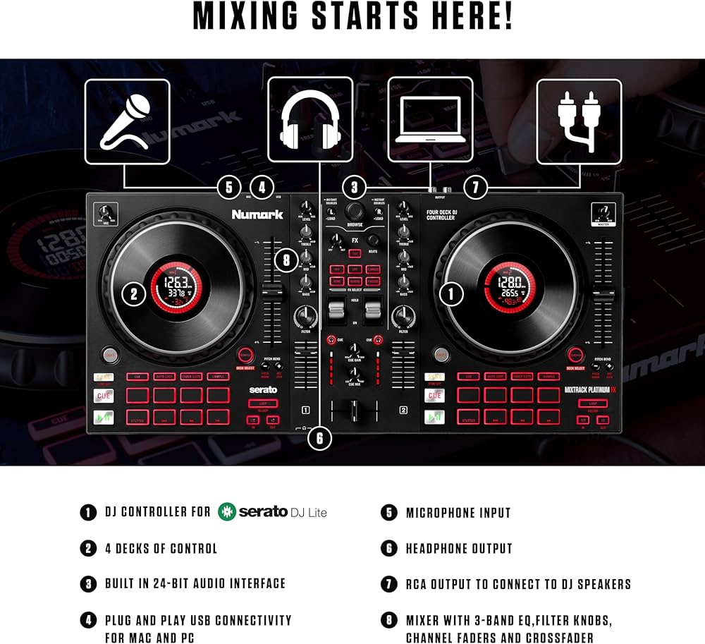 Numark Mixtrack Platinum FX - DJ Controller for Serato DJ with 4