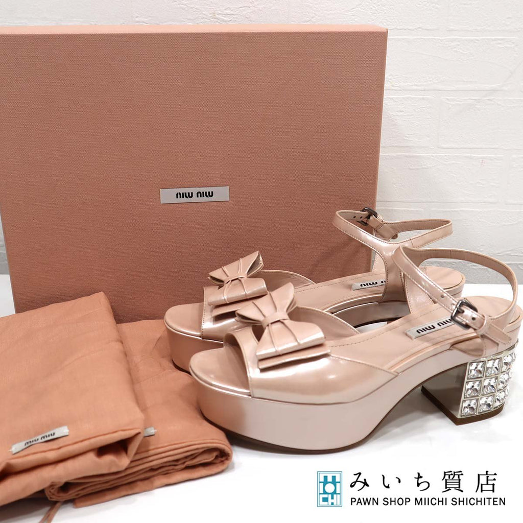 未使用 ミュウミュウ miumiu 靴 リボン サンダル ビジュー ヒール 36.5