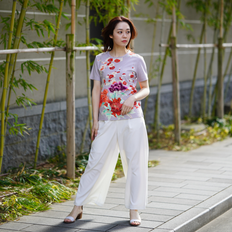花柄 半袖Tシャツ ＜富貴花/鼠橙＞ | 京友禅アロハシャツ【Pagong