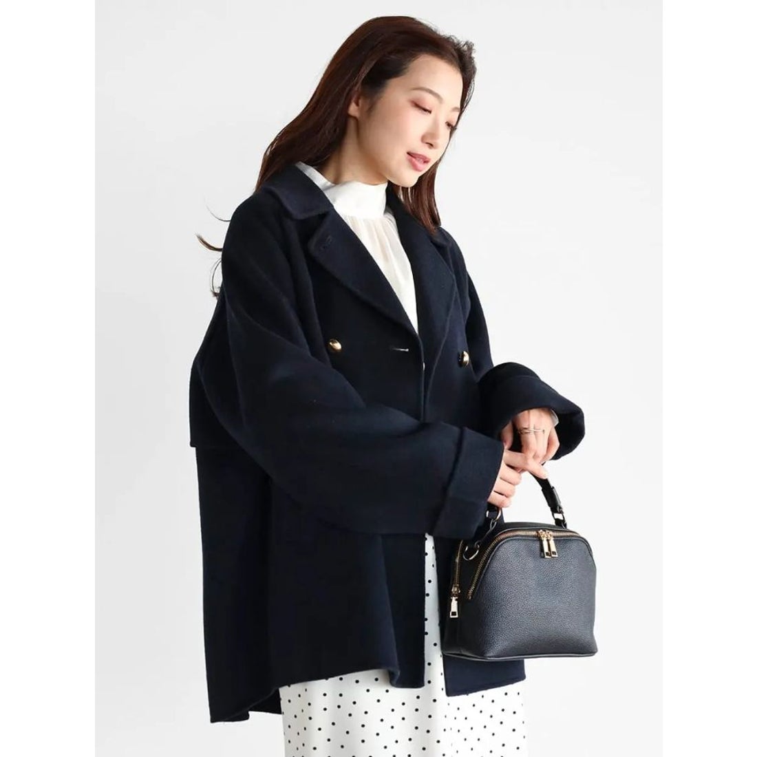ヴァンネイビー Vin NAVY ウールリバーミドル丈コート （ネイビー