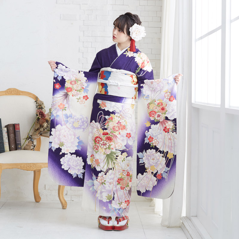 振袖 レンタル 成人式 結婚式 白×紫 牡丹に薬玉文様（絹）12月〜1月