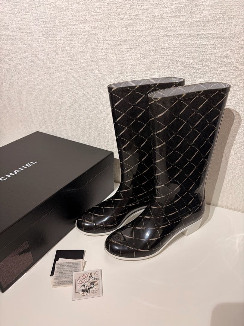 Chanel シャネル ココマークレインブーツ マトラッセ柄 ラバー シューズ CHANEL シャネル レインブーツ 長靴 ココマーク ラバー ブラック