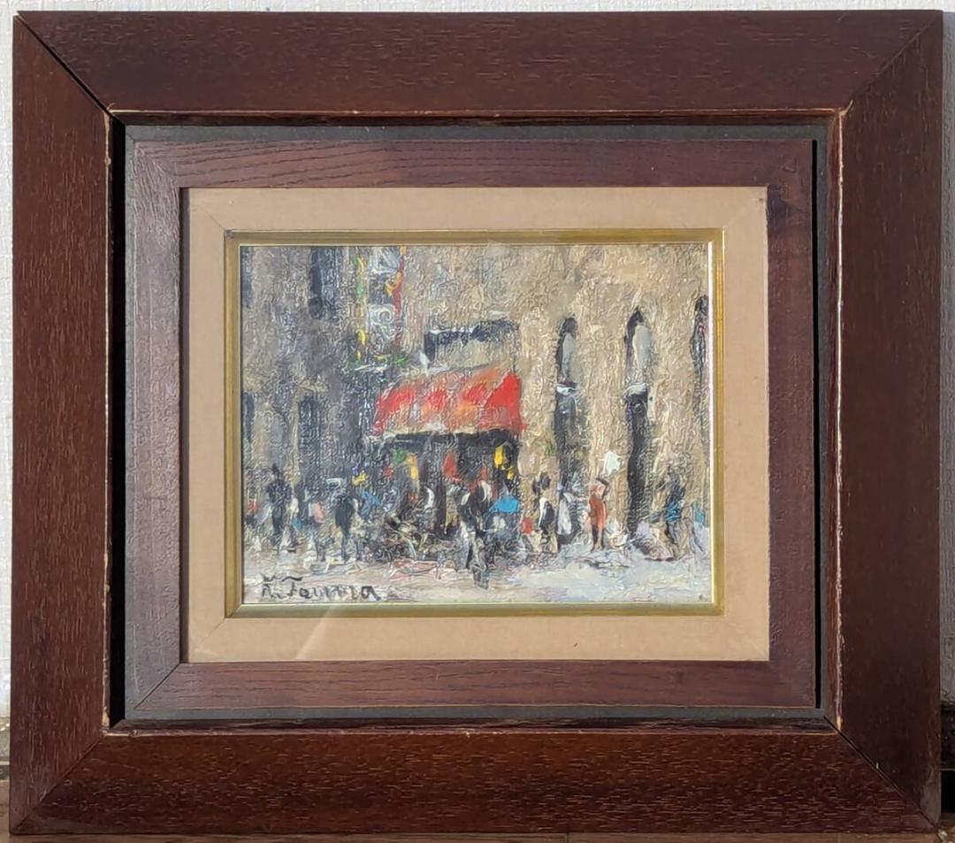 【真作】絵画　油彩0号　賑わう街角　赤いテントのカフェ風景画　Y164 真作】絵画 油彩0号 賑わう街角 赤いテントのカフェ風景画 Y164