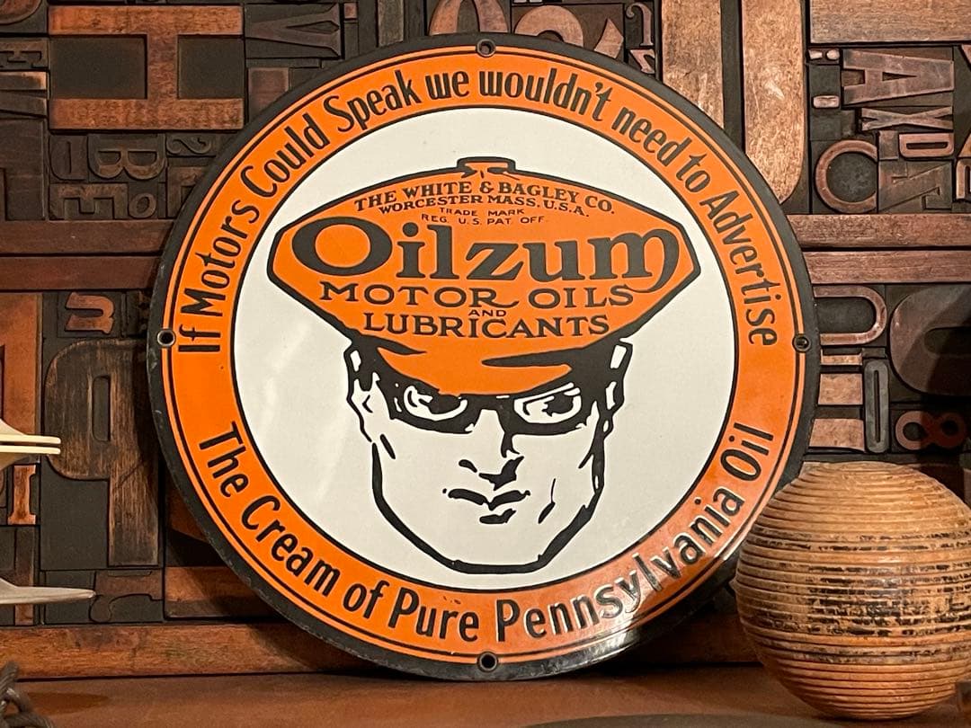 シ*ン様 40s USAビンテージ 琺瑯看板Oilzum モーターオイル広告プレ ArtFuzz Oilzum Motor Oil Reproduction Gas Station Garage Metal