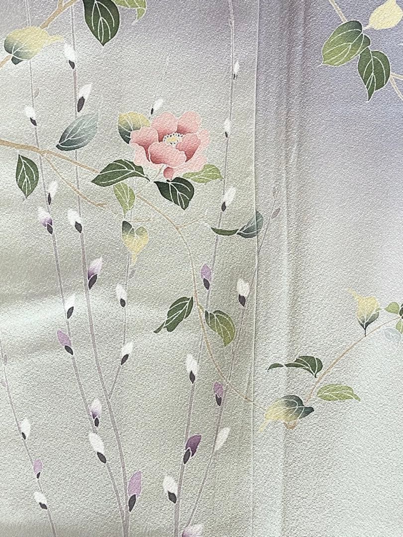 紫味のブルーグレー 友禅 花模様 訪問着（袷）フルセット トールサイズ