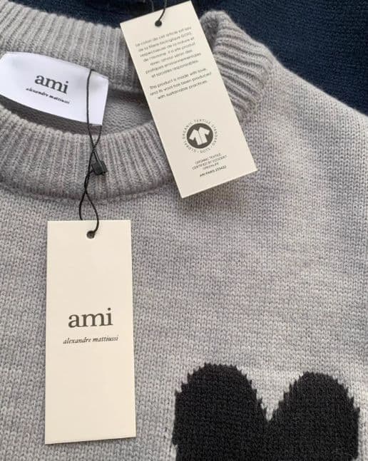AMI PARIS グレー セーター ハート刺繍 ブラック L 男女兼用 グレー ウール Ami De Coeur クルーネック セーター ヘザーグレー