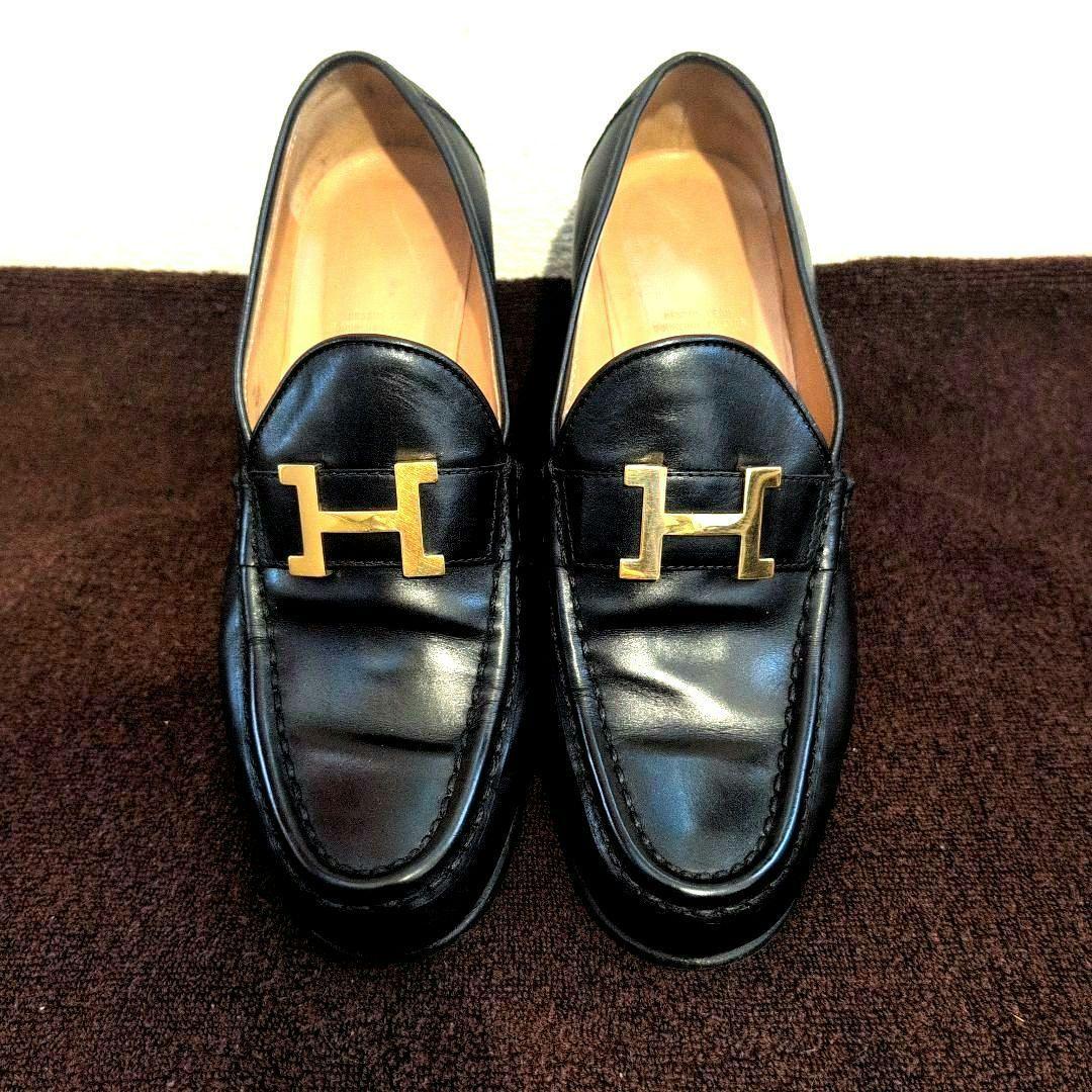 サイズ37 HERMES ブラック ローファー 金具Hロゴ エルメス 靴 ローファー コンスタンス Hロゴ シルバー金具 型崩れ有り