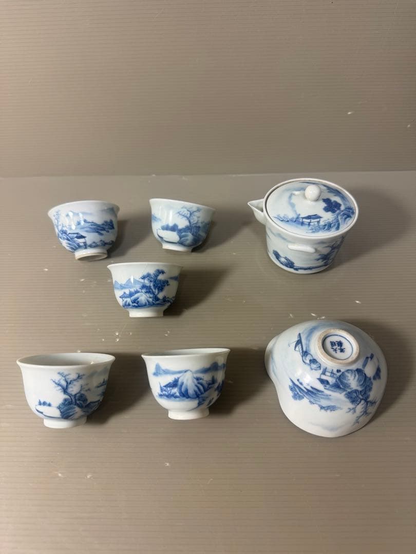 2616中国骨董　大明年製銘　染付山水茶器セット　宝瓶1客　湯冷し1客　湯呑5客 景徳鎮・青花山水茶杯｜中国茶器専門店の通販・天香茶行