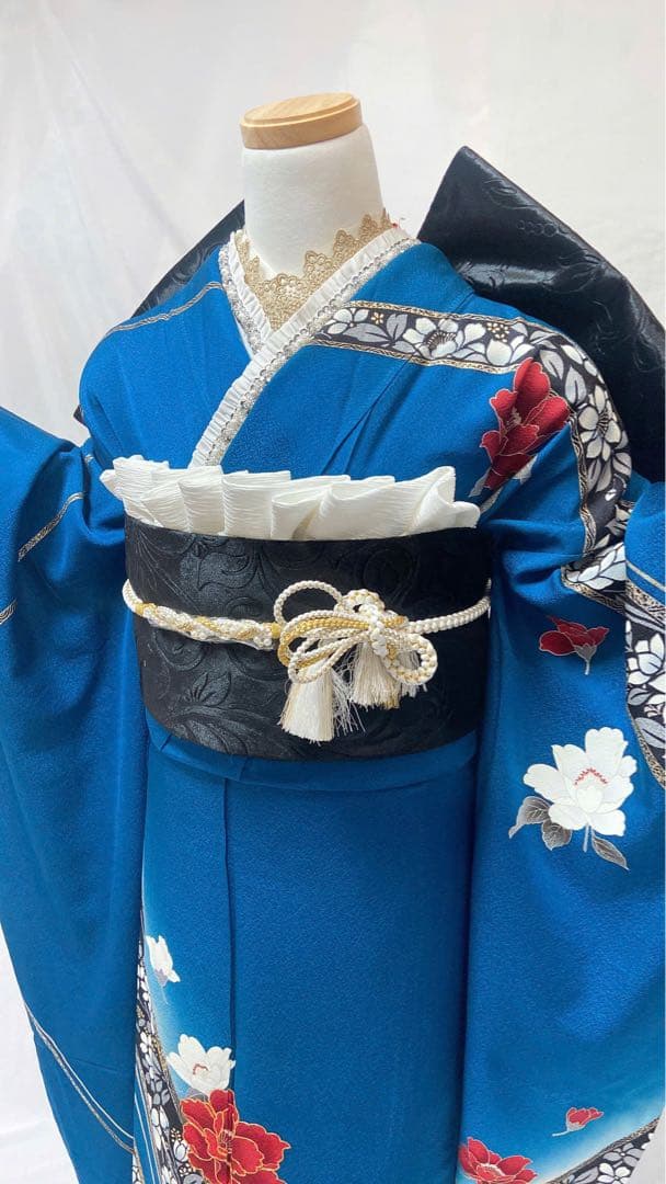 青色 花柄刺繍 振袖 振袖フルセット 正絹 成人式 振袖6点セット - メルカリ