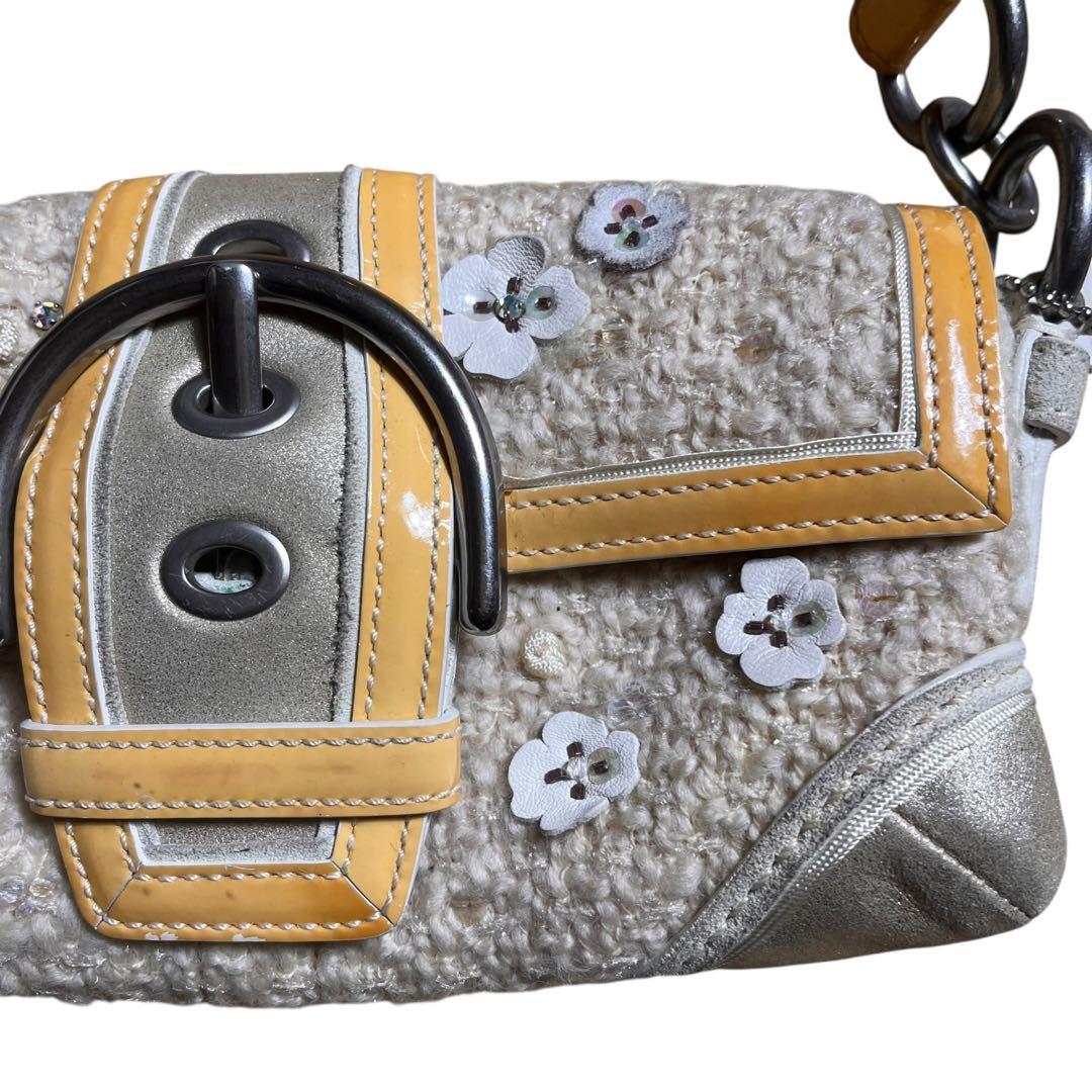 レア COACH ツイード スパンコール フラワー ワンショルダー10070
