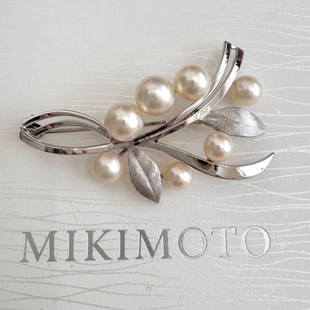 美品✨MIKIMOTO ブローチ あこや真珠 7珠 リーフM刻印 シルバー ミキモト ブローチ アコヤ 本真珠 約7mm 5粒リーフモチーフ パール 287