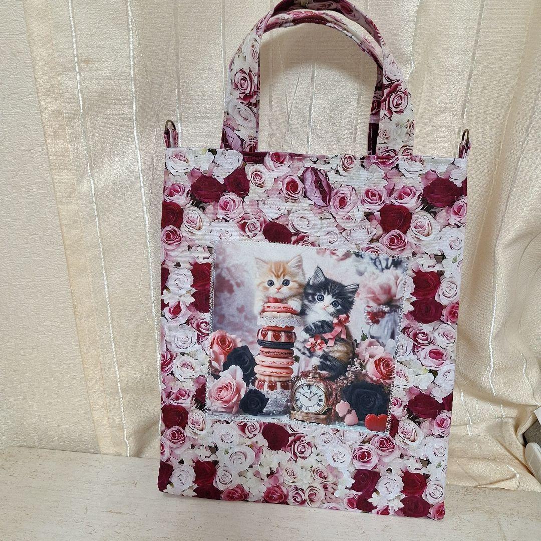 激レアねこと女の子パネル生地 ハンドメイド まちなしバッグ 布バスケット